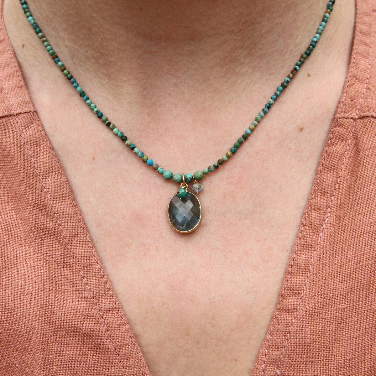 NKL-GF Strung Turquoise with Bezel Set Labradorite Necklace