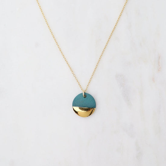 Load image into Gallery viewer, NKL-GF Teal Gold Dipped Flat Circle Necklace
