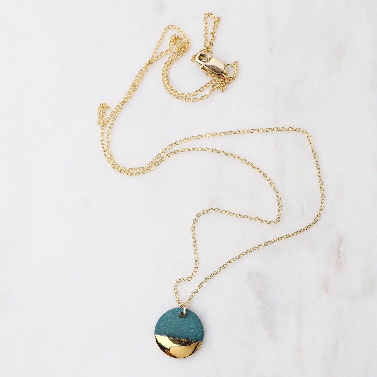 Load image into Gallery viewer, NKL-GF Teal Gold Dipped Flat Circle Necklace
