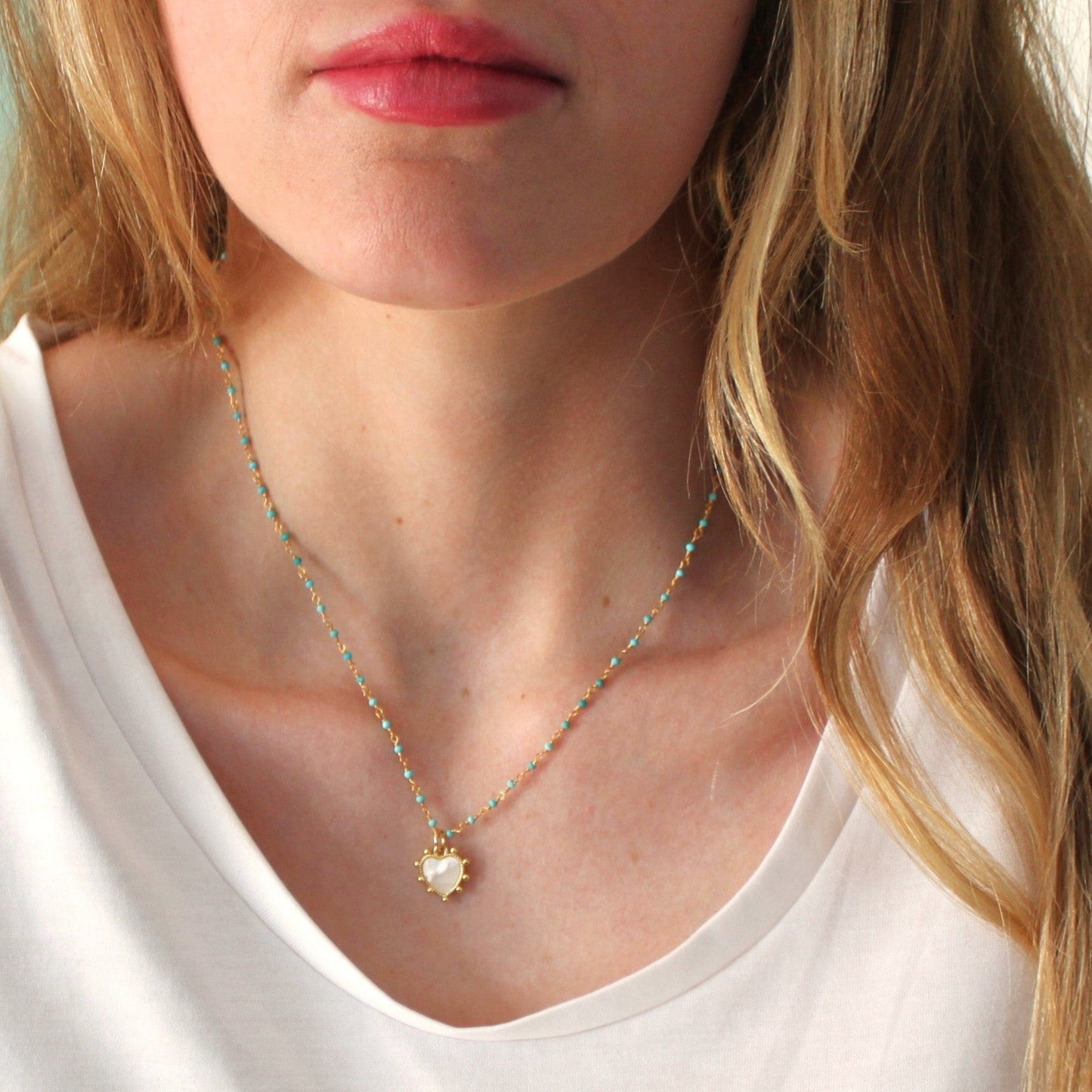 NKL-GF Turquoise Rosary and Heart Pendant Necklace