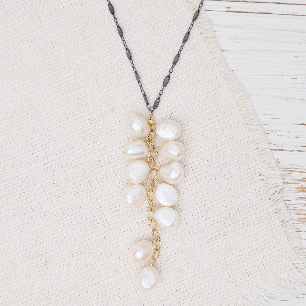 NKL-GF Waterfall Pearl Necklace, oxidized silver, gold fi