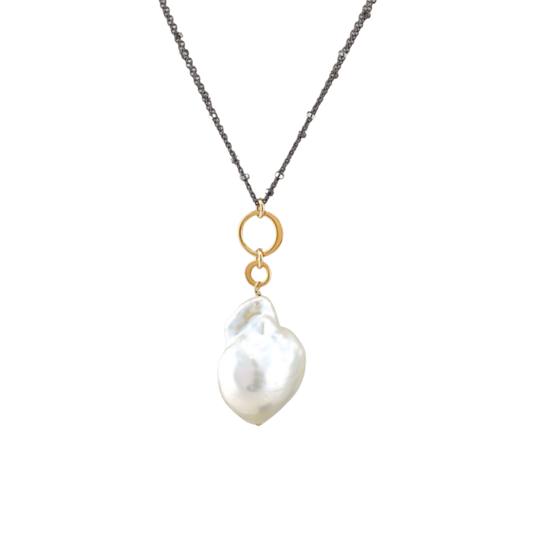 NKL-GF White Baroque Pearl Oxidized Silver Necklace