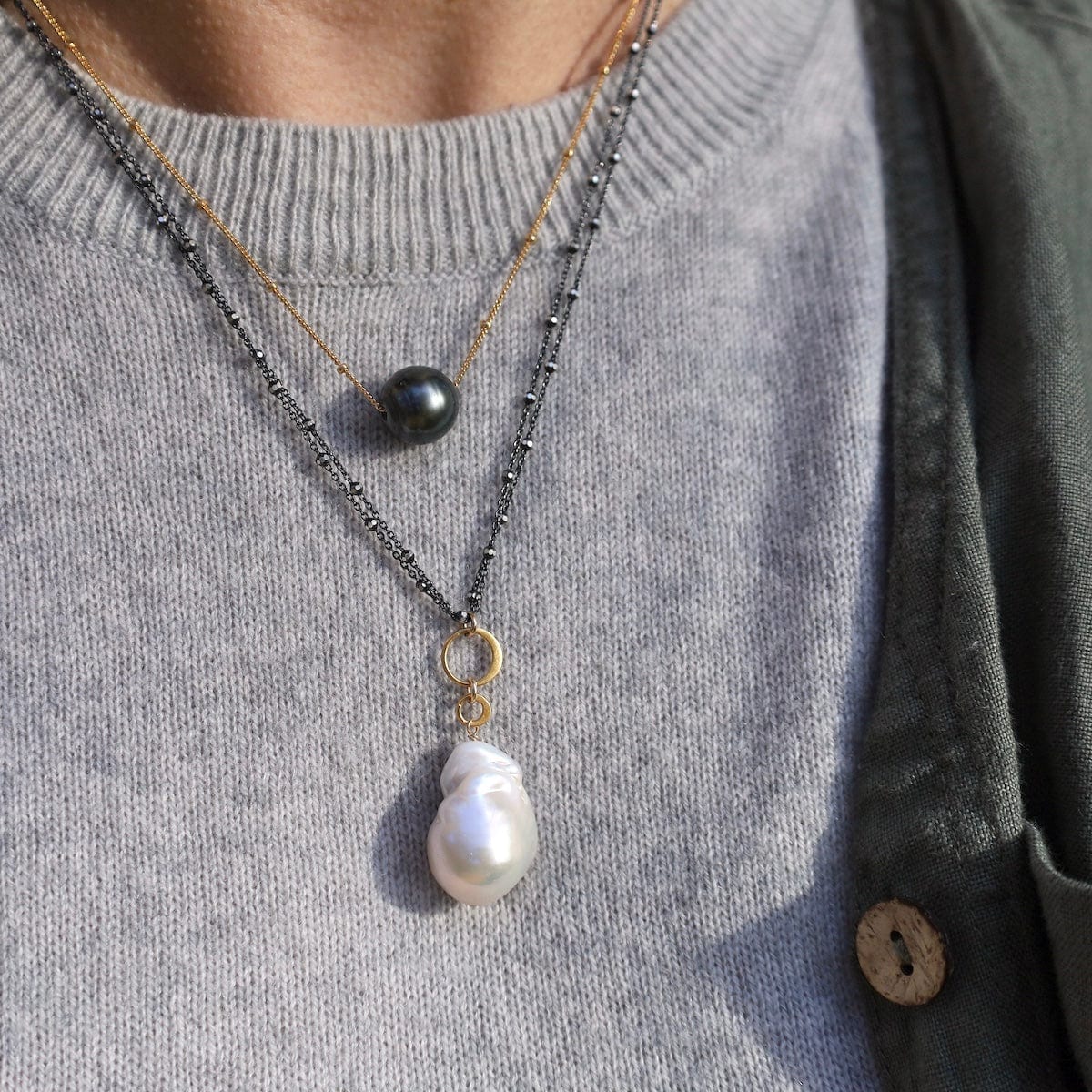 NKL-GF White Baroque Pearl Oxidized Silver Necklace