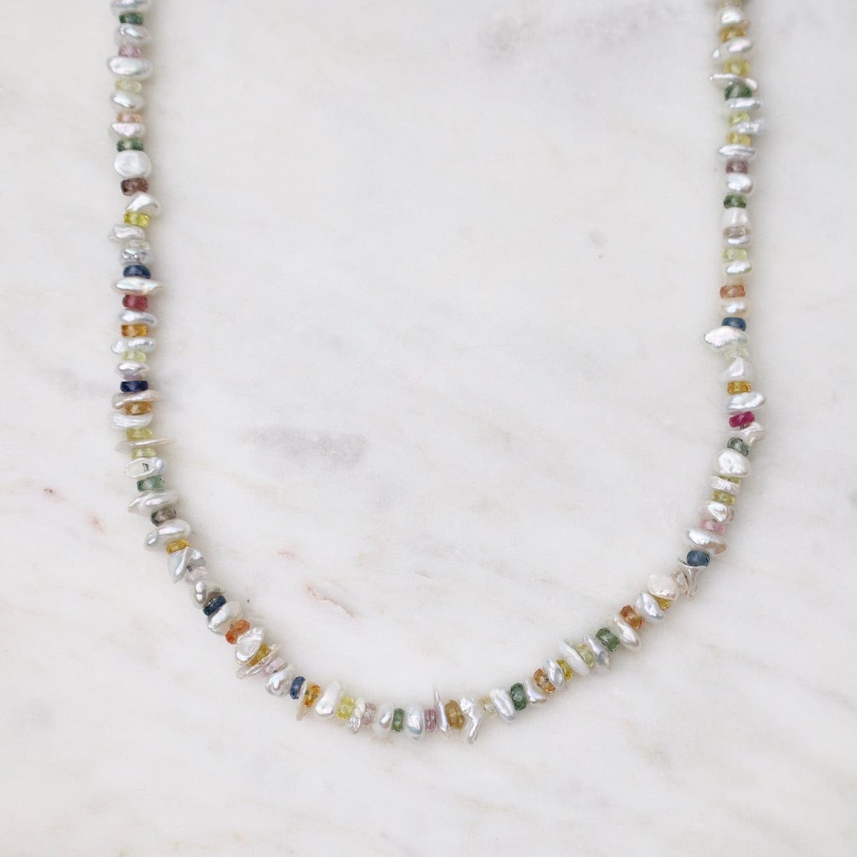 NKL-GF 16" White Pearl, Multi-Color Sapphire Gold Necklac