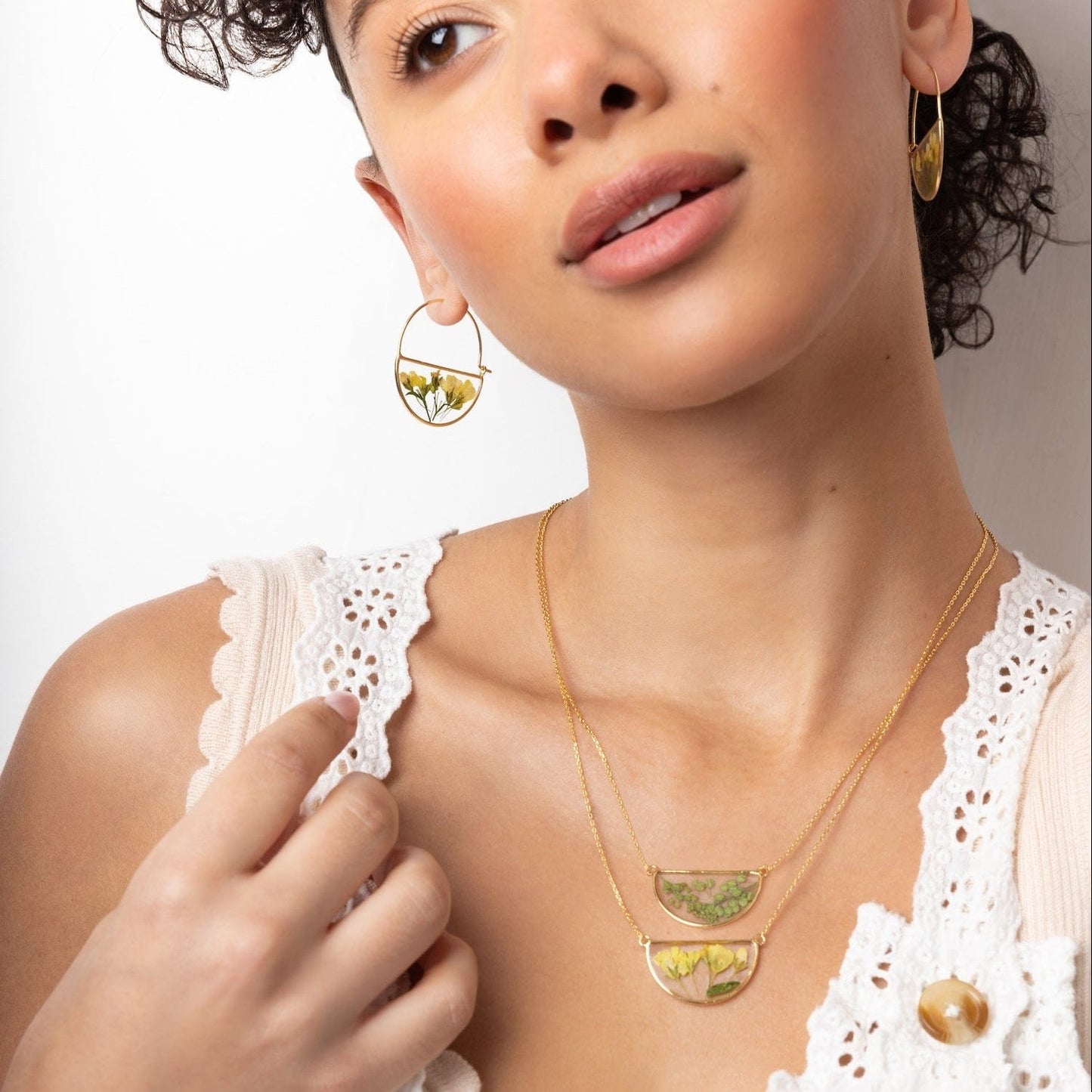 NKL Gold Pressed Flower Necklace with Blue Baby's Breath