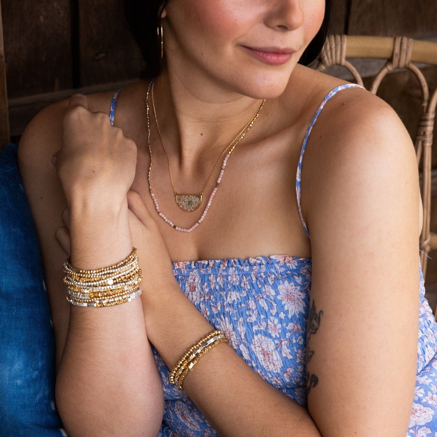 NKL Gold Pressed Flower Necklace with Blue Baby's Breath