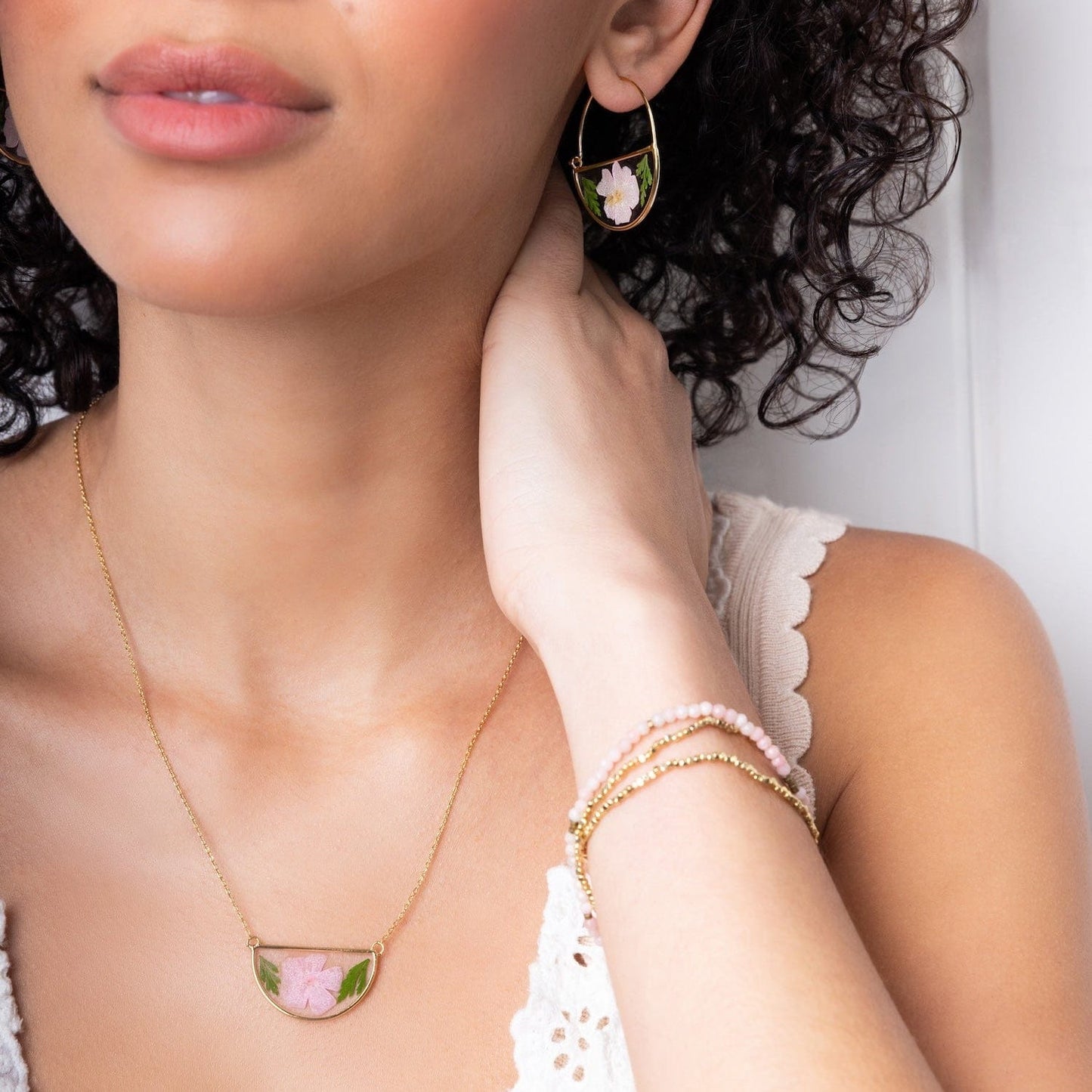 NKL Gold Pressed Flower Necklace with Blue Baby's Breath