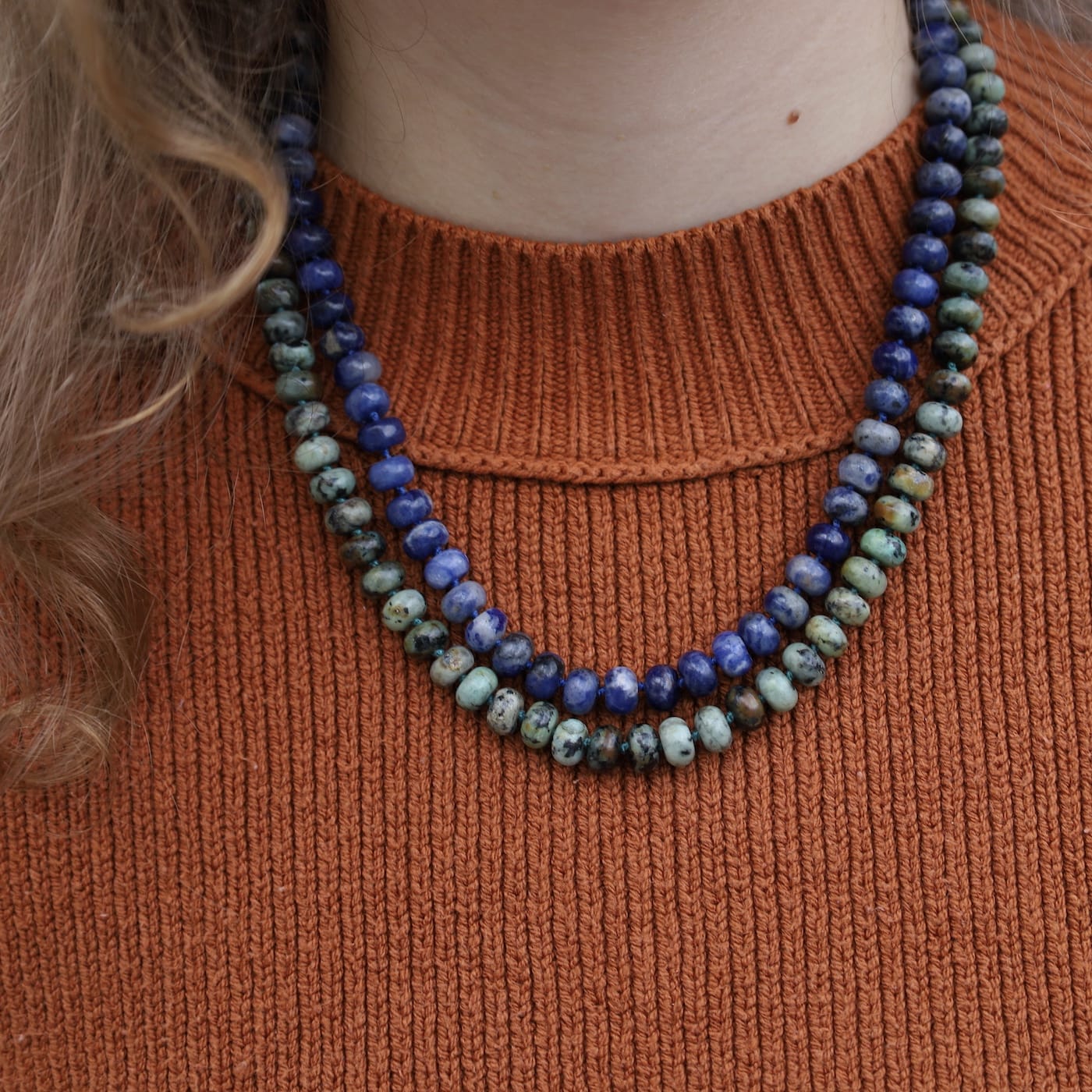 NKL-GPL African Turquoise 8mm Hand Knotted Beaded Necklace