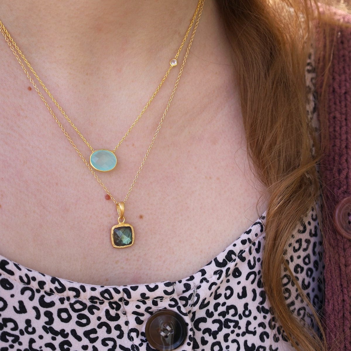 NKL-GPL Aqua Chalcedony Oval Pendant Necklace