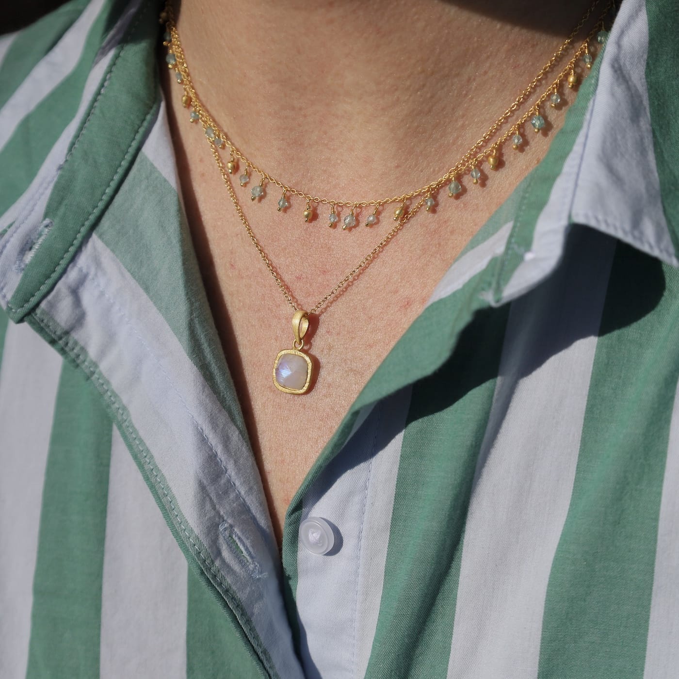 NKL-GPL Aquamarine Bead Drops on Gold Chain Nekclace
