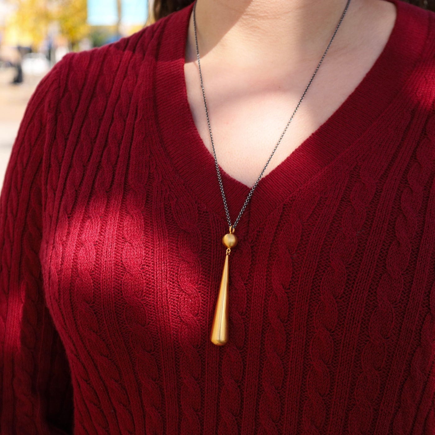 NKL-GPL Ball and Long Gold Plated Tear Drop Pendant Necklace