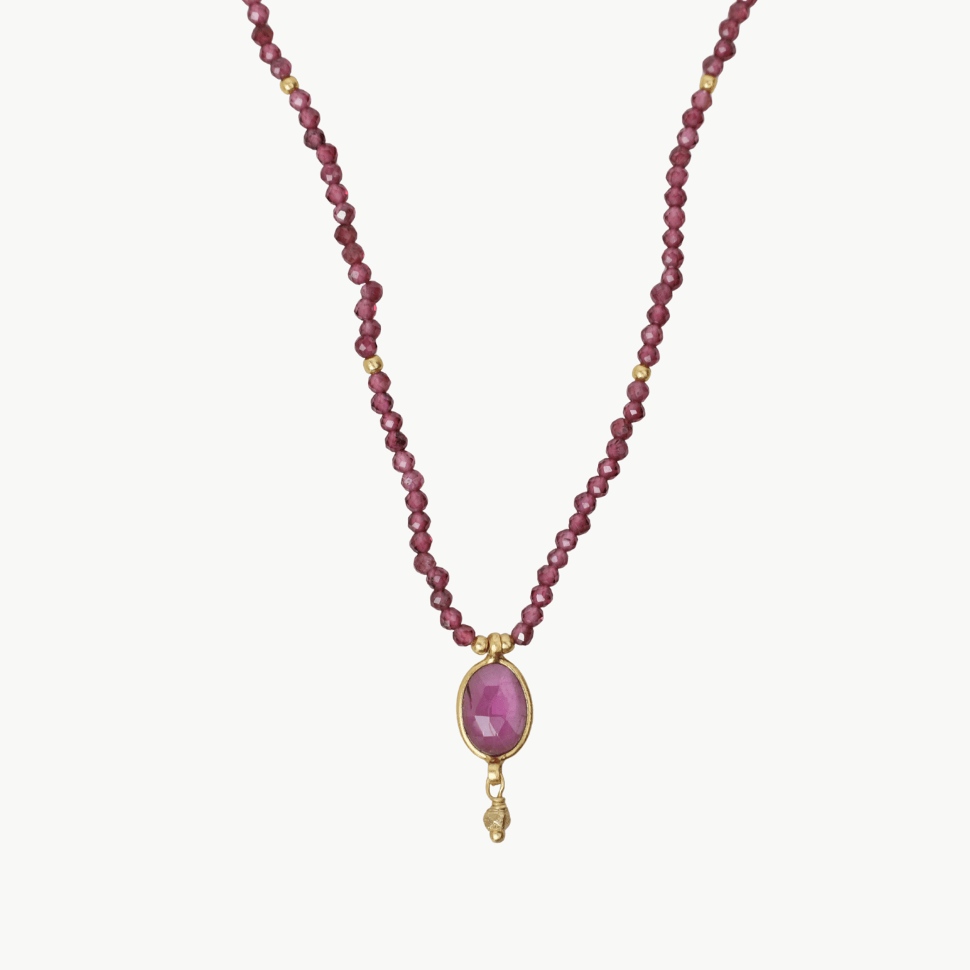 NKL-GPL Beaded Garnet with Garnet Bezel Drop Necklace