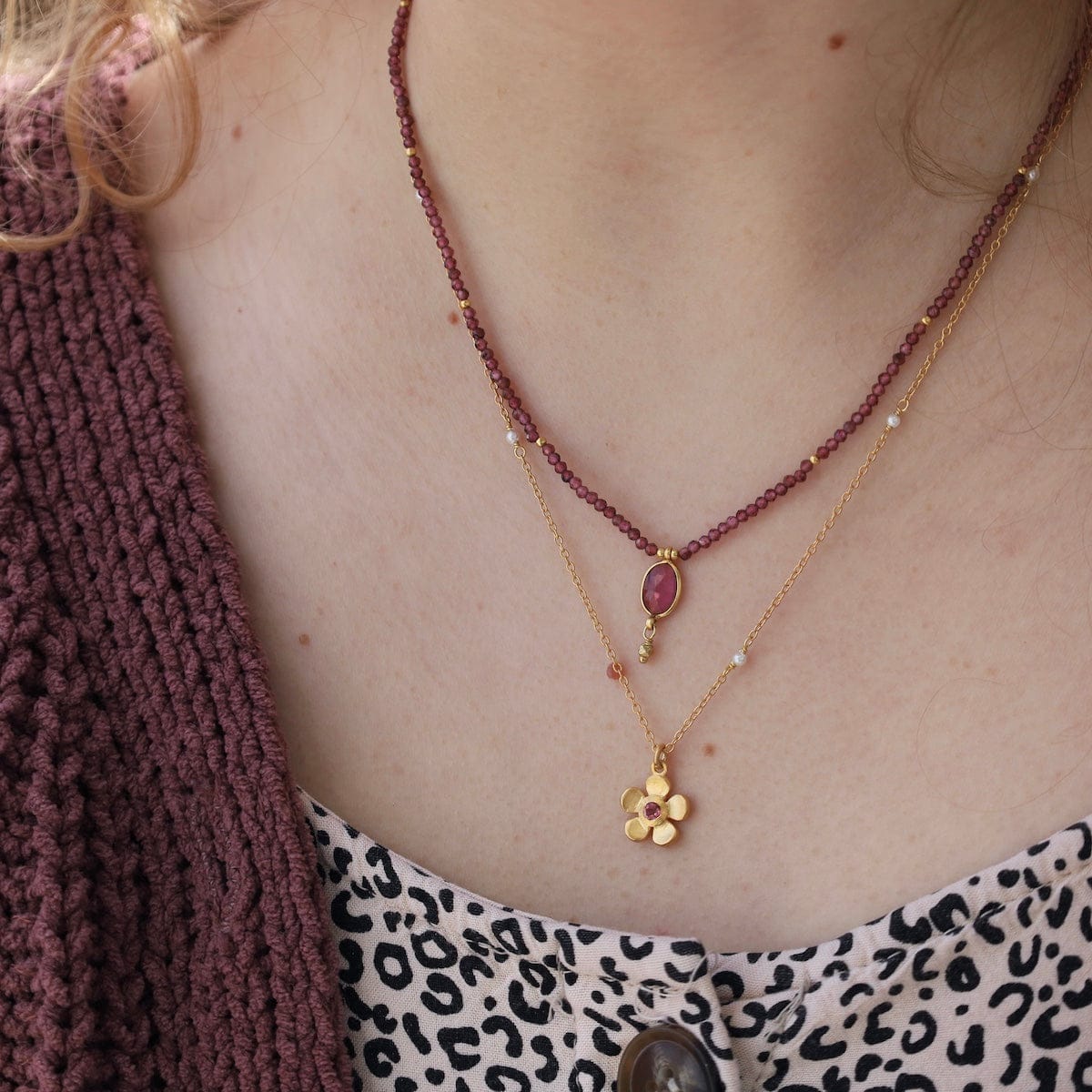 NKL-GPL Beaded Garnet with Garnet Bezel Drop Necklace