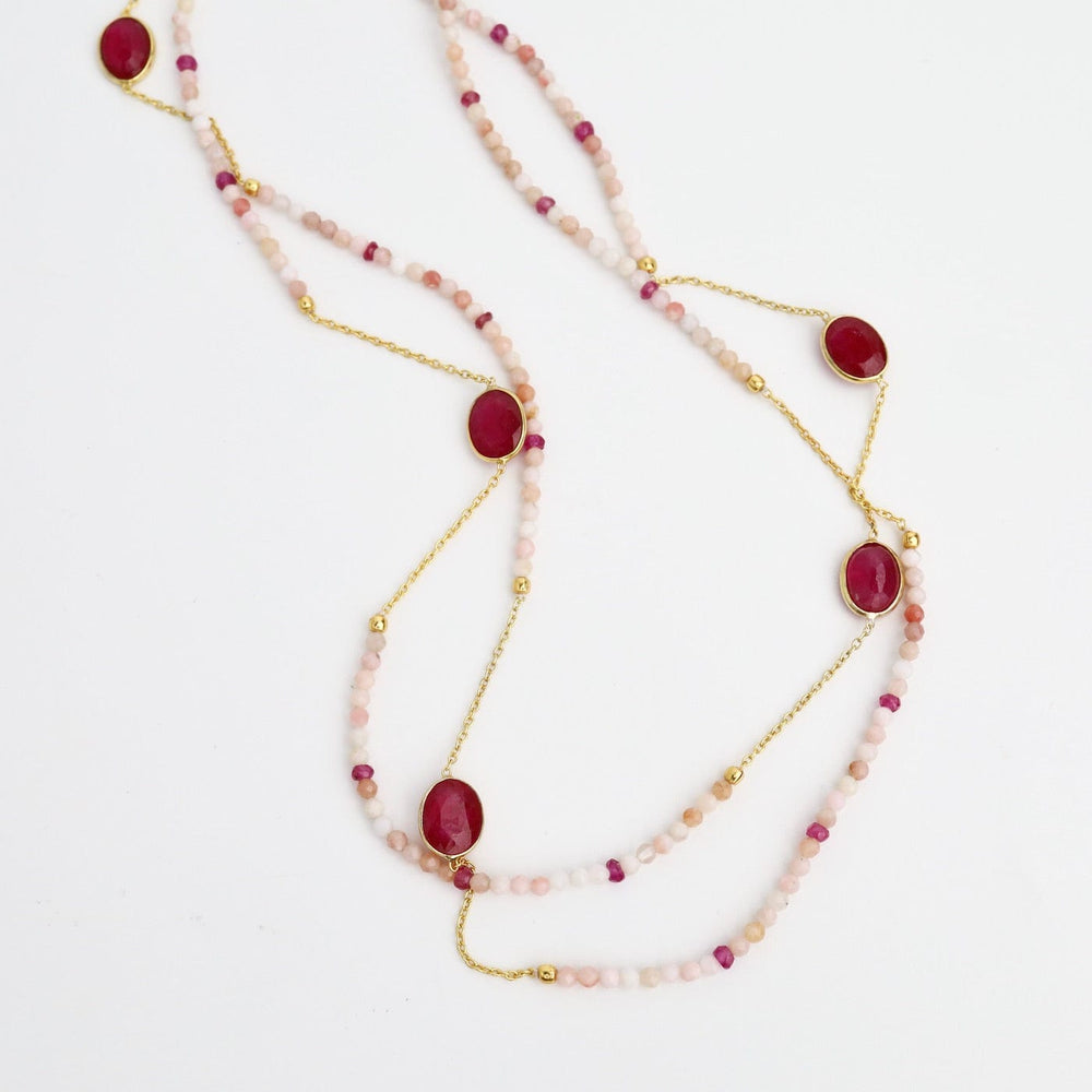 NKL-GPL Beaded Pink Opal & Ruby Long Necklace