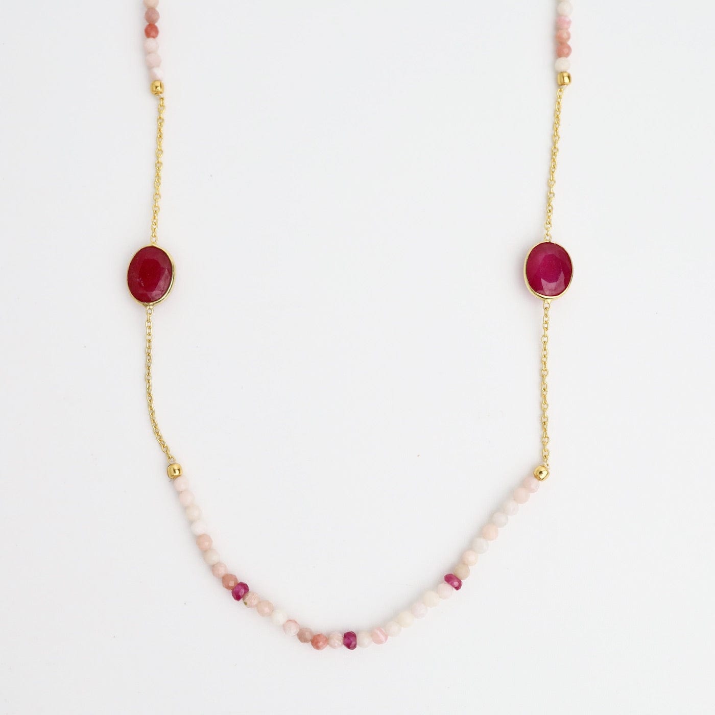 NKL-GPL Beaded Pink Opal & Ruby Long Necklace