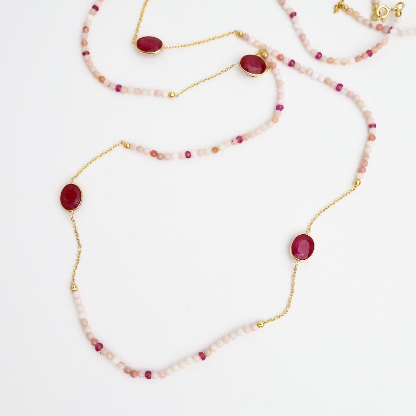 NKL-GPL Beaded Pink Opal & Ruby Long Necklace