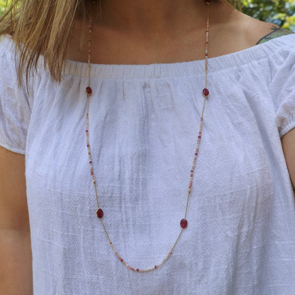 NKL-GPL Beaded Pink Opal & Ruby Long Necklace