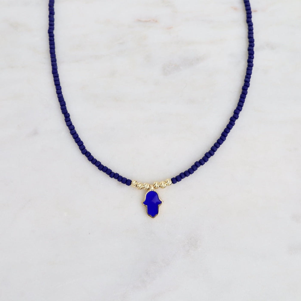 NKL-GPL Blue Beaded Necklace with Hamsa