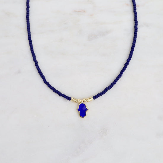 Load image into Gallery viewer, NKL-GPL Blue Beaded Necklace with Hamsa
