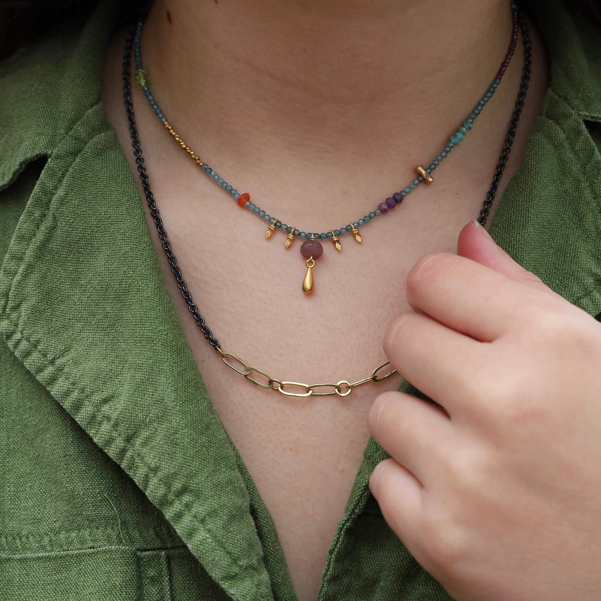 NKL-GPL Blue Topaz with Ruby and Gold Gum Drop Necklace