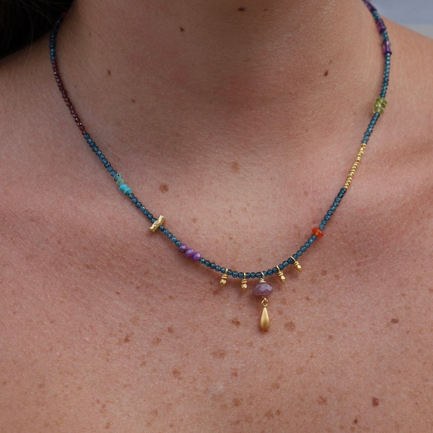 NKL-GPL Blue Topaz with Ruby and Gold Gum Drop Necklace