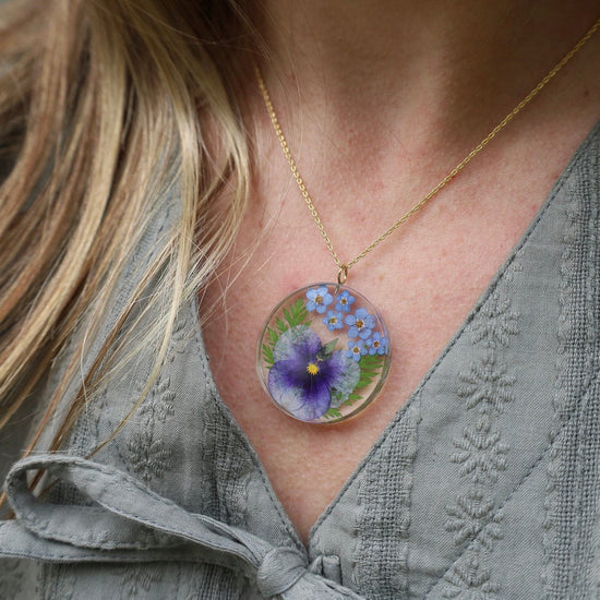 Botanical Small Half Moon Purple Viola Flower Necklace