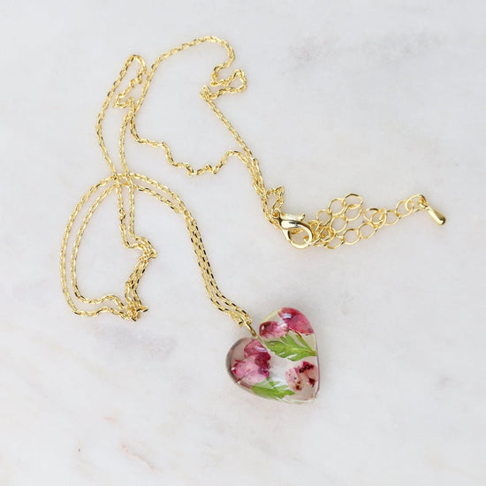 NKL-GPL Botanical Mini Heart Necklace - Cosmos, Pink-A-Boo Camellia October Birthday