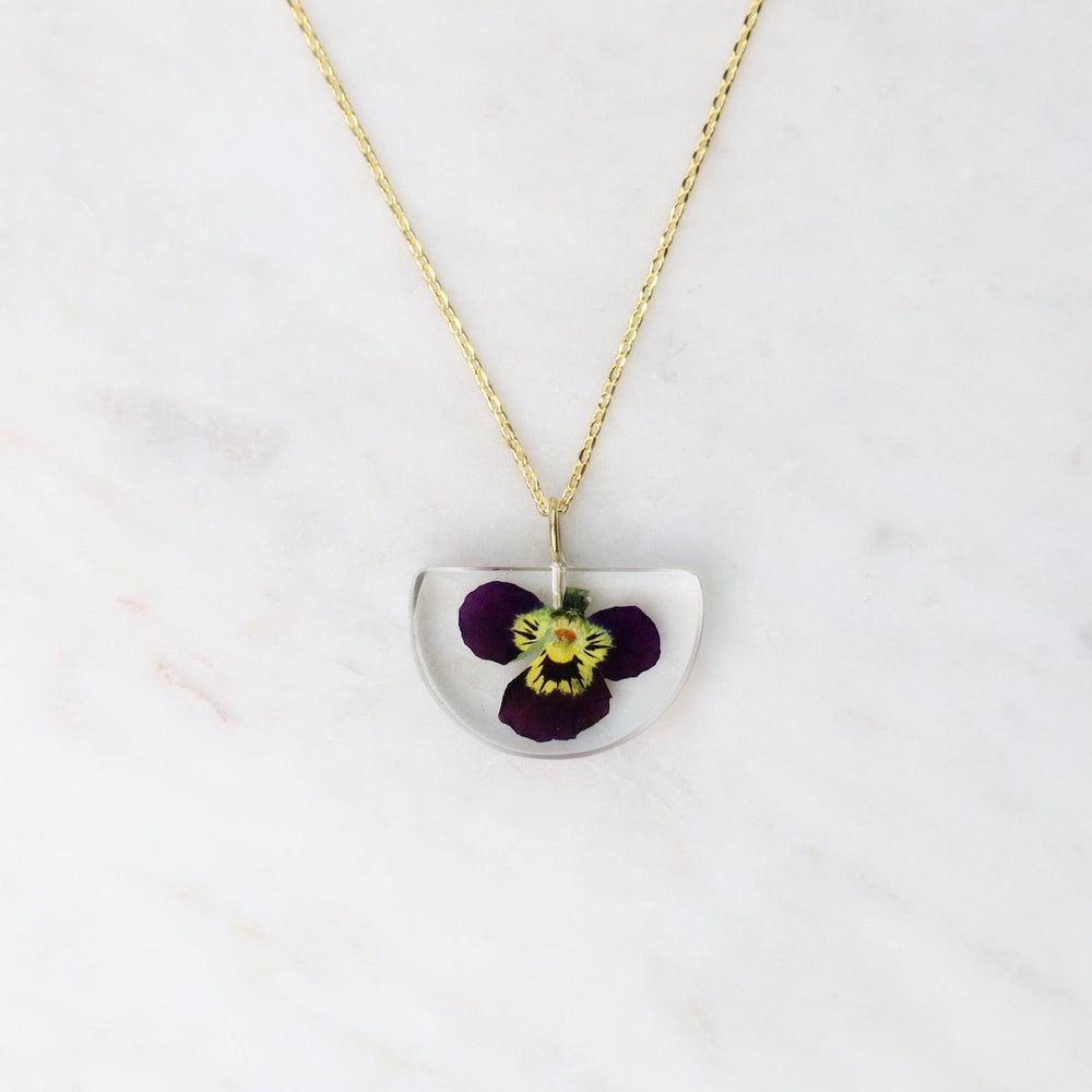 NKL-GPL Botanical Small Half Moon Purple Viola Flower Necklace