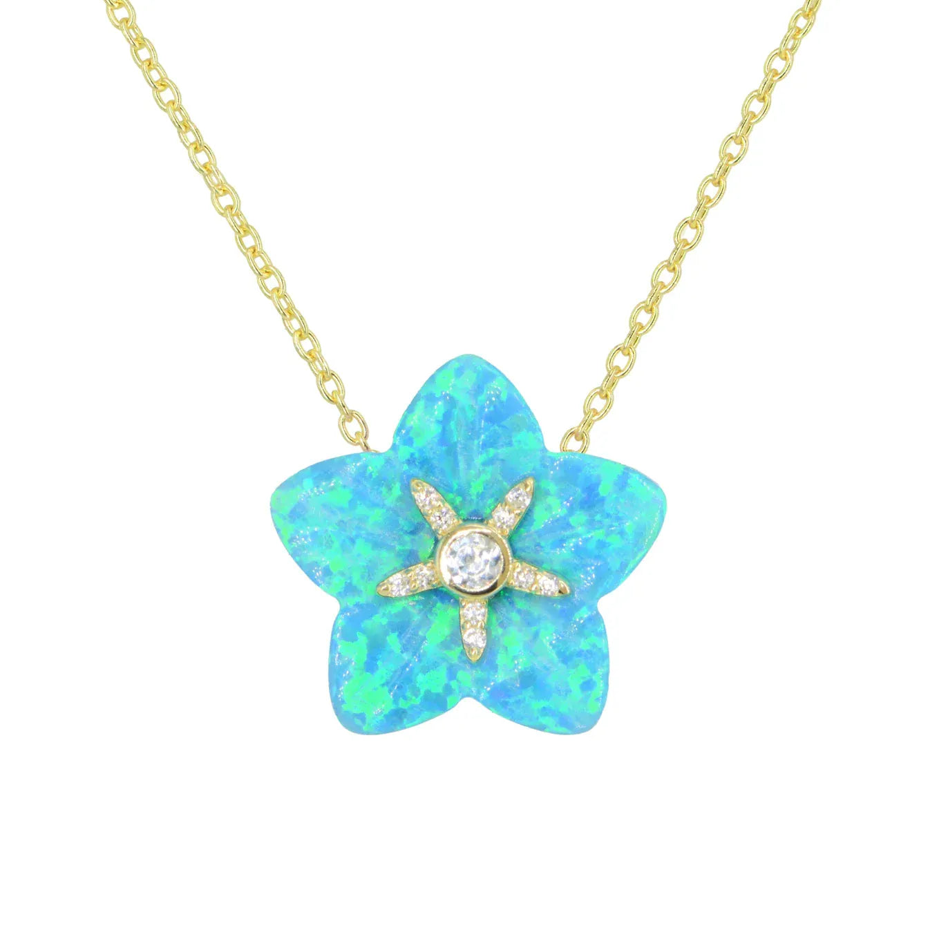 NKL-GPL Carved Blue Green Opal Flower Necklace with Crysta