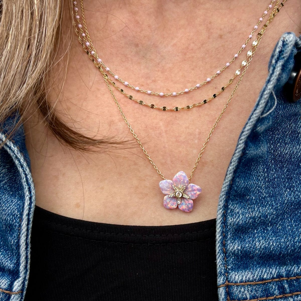 lavender flower necklace Carved Opal Flower Necklace With Crystals Lavender Opal