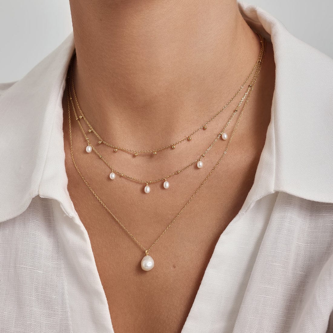 NKL-GPL Gold Alternating Pearl & Bead Station Necklace