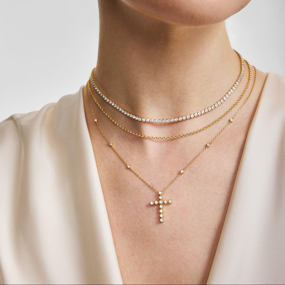 NKL-GPL Gold Bezel Station Necklace with Cross Pendant Necklace