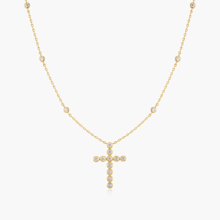 NKL-GPL Gold Bezel Station Necklace with Cross Pendant Necklace