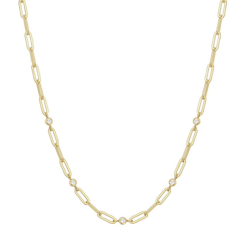 NKL-GPL Gold Bezel Station Paper Clip Chain Necklace