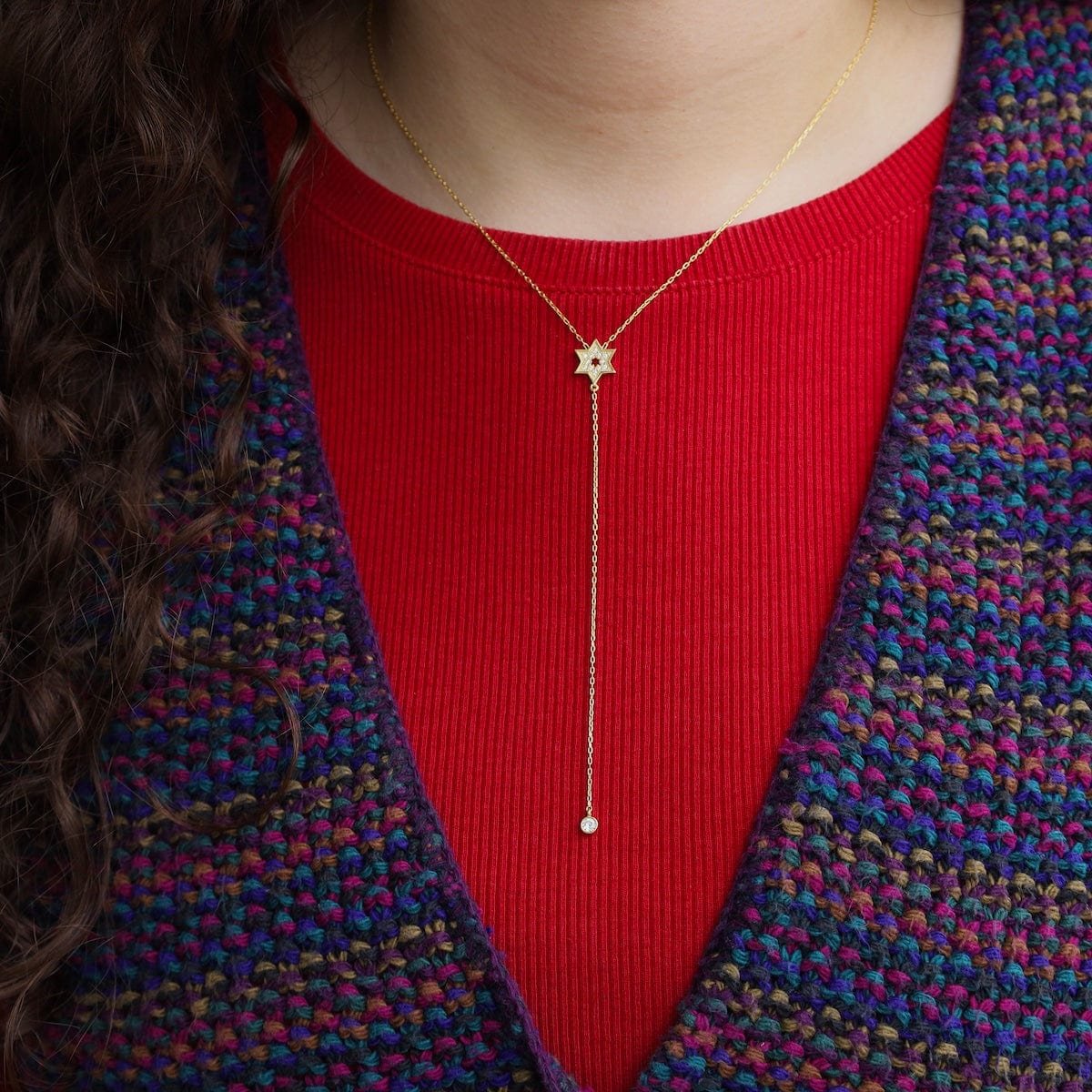 NKL-GPL Gold CZ Star Of David Lariat Necklace