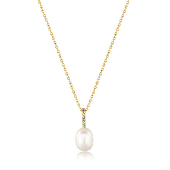 NKL-GPL Gold Gem Pearl Drop Pendant Necklace
