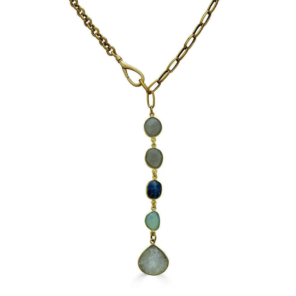 NKL-GPL Gold Lariat with Kyanite, Moonstone and Chalcedony