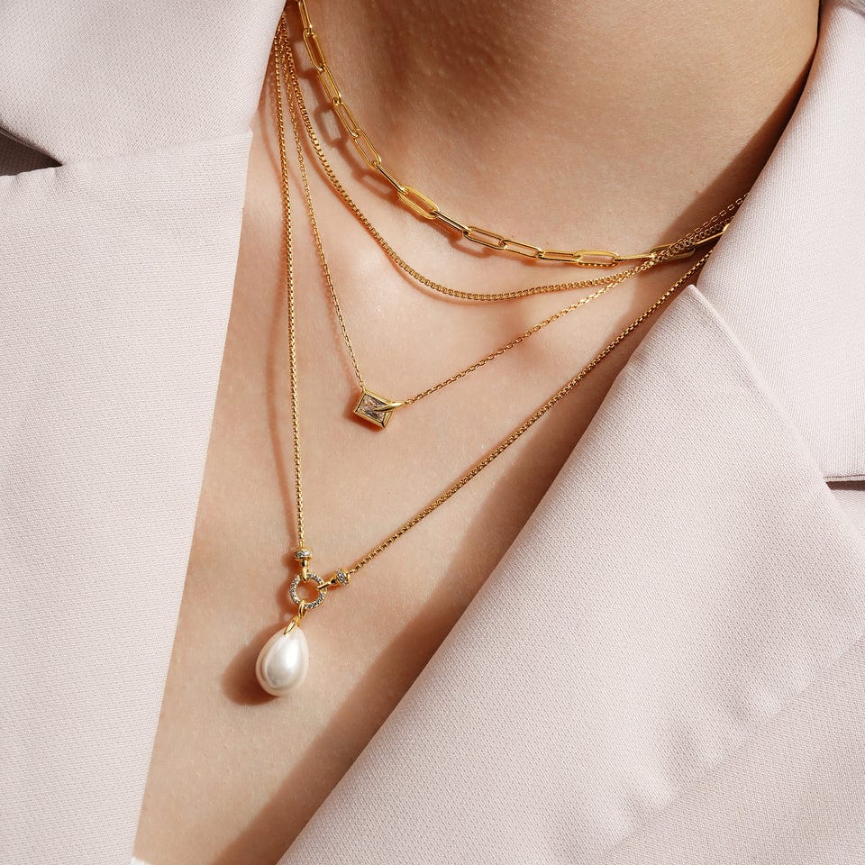 NKL-GPL Gold Linked Shell Pearl Drop Pendant Necklace