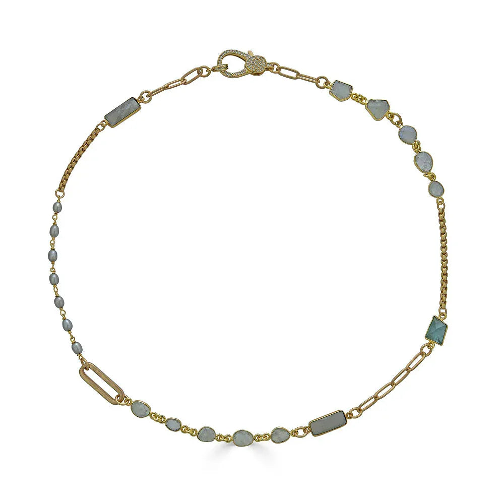 NKL-GPL Gold Moonstone, Aquamarine and Pearl Short Necklace