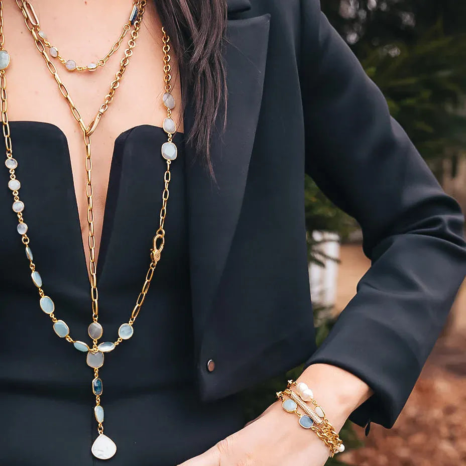 NKL-GPL Gold Moonstone, Kyanite, Aquamarine and Pearl Shor