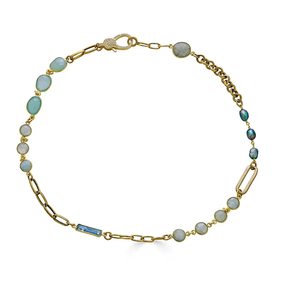 NKL-GPL Gold Moonstone, Kyanite, Aquamarine and Pearl Shor