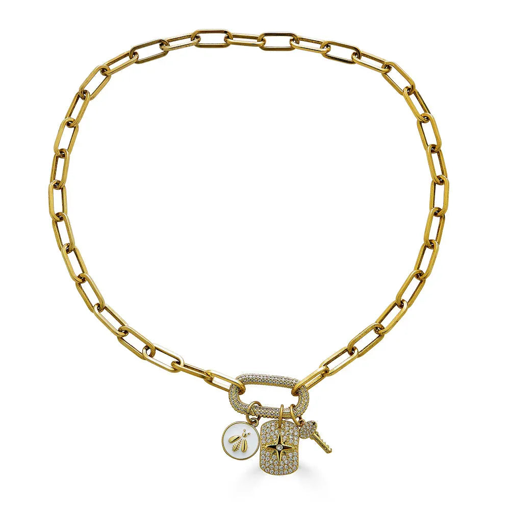 NKL-GPL Gold Paperclip Bee and Star Charm Necklace