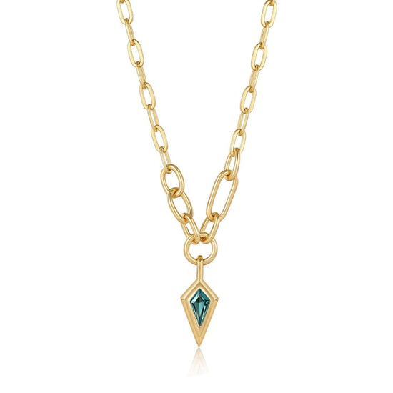 NKL-GPL Gold Teal Sparkle Drop Pendant Chunky Chain Necklace