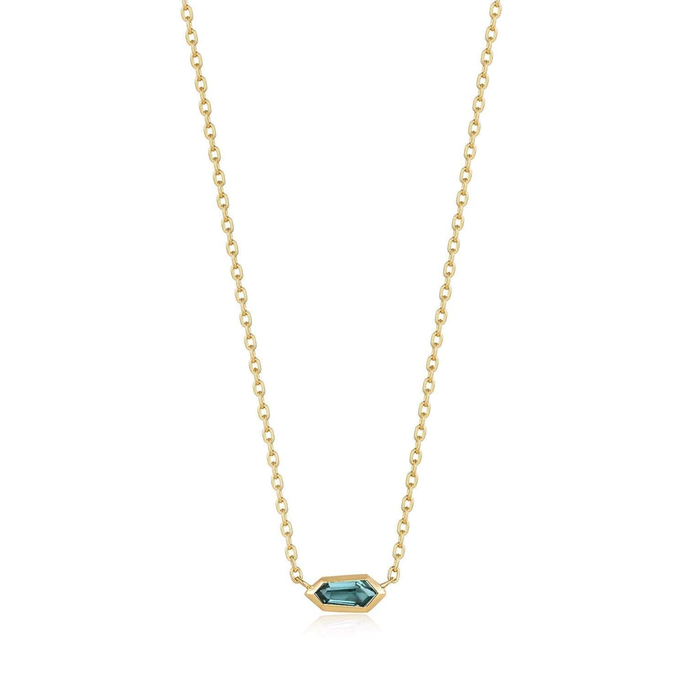 NKL-GPL Gold Teal Sparkle Emblem Chain Necklace