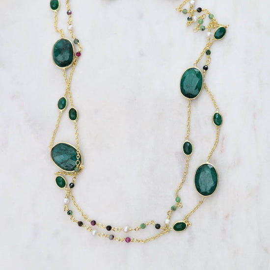 NKL-GPL Green Gemstone & Pearl Long Necklace