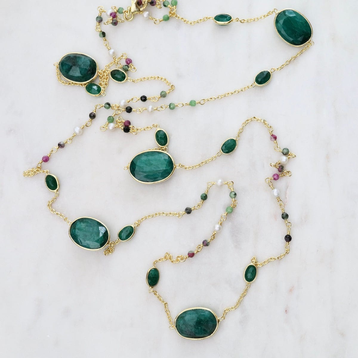 NKL-GPL Green Gemstone & Pearl Long Necklace