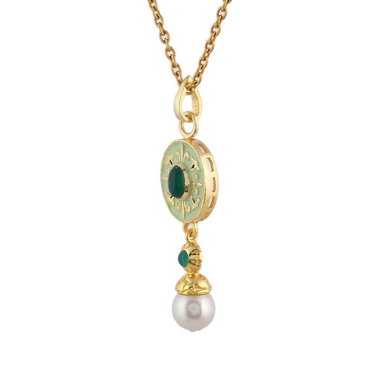 NKL-GPL Green Onyx & Emerald Enamel Pendant Necklace