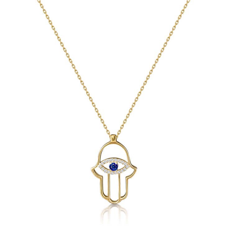 Hamsa Outline Necklace with CZ Evil Eye - Gold Plated