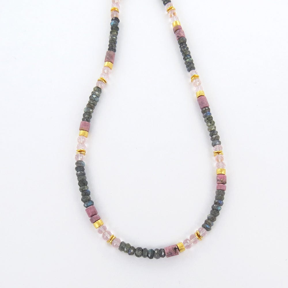 NKL-GPL LABRADORITE ROSE QUARTZ AND RHONDITE NECKLACE