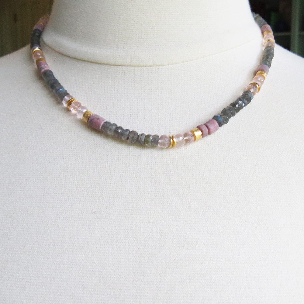 NKL-GPL LABRADORITE ROSE QUARTZ AND RHONDITE NECKLACE